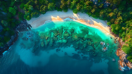 Drone photograph of a picturesque coastal landscape, with turquoise waters gently lapping against white sandy beaches and rocky cliffs, all under a bright sunny day 