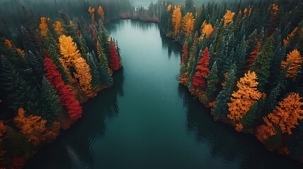 Aerial view of a vibrant autumn landscape, with trees displaying a mix of red, orange, and yellow foliage, and a calm lake reflecting the colorful scenery 