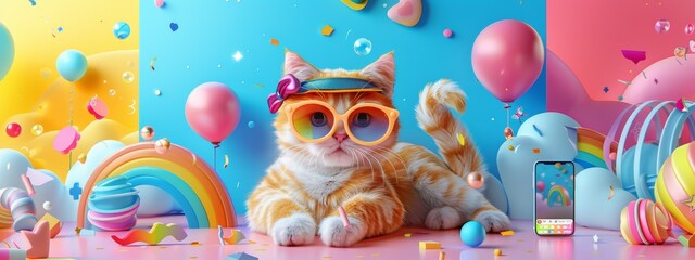 Naklejka premium A cat wearing sunglasses and a flowery hat is laying on a colorful background with balloons and other objects. The image is playful and whimsical, with a fun and lighthearted mood