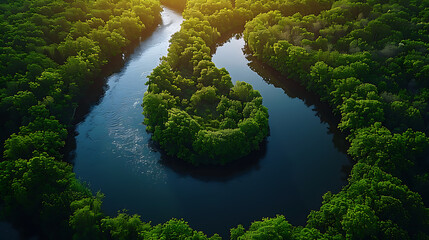High-angle shot of a lush green forest with a winding river cutting through, the sunlight filtering through the trees and creating a serene, peaceful atmosphere 