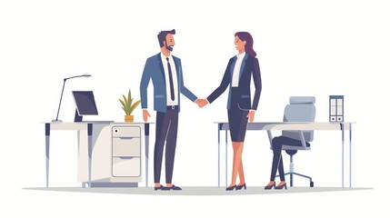illustration of two business people shaking hands on a white background