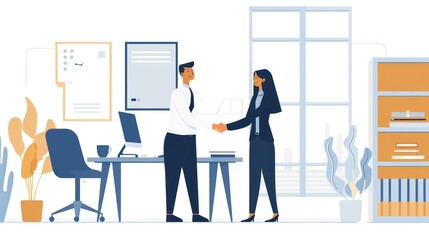 illustration of two business people shaking hands on a white background