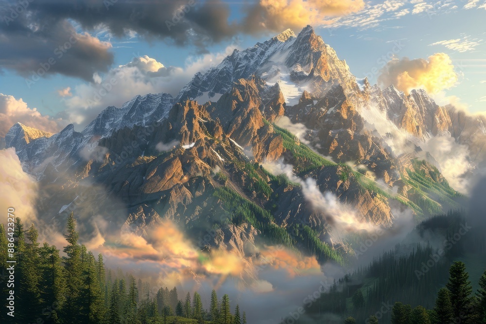 Poster a mountain range towering in the background with dynamic clouds and trees, dynamic clouds dancing ar