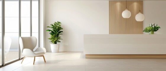 A reception area in a minimalist office with a clean desk, stylish seating, and a simple, welcoming atmosphere