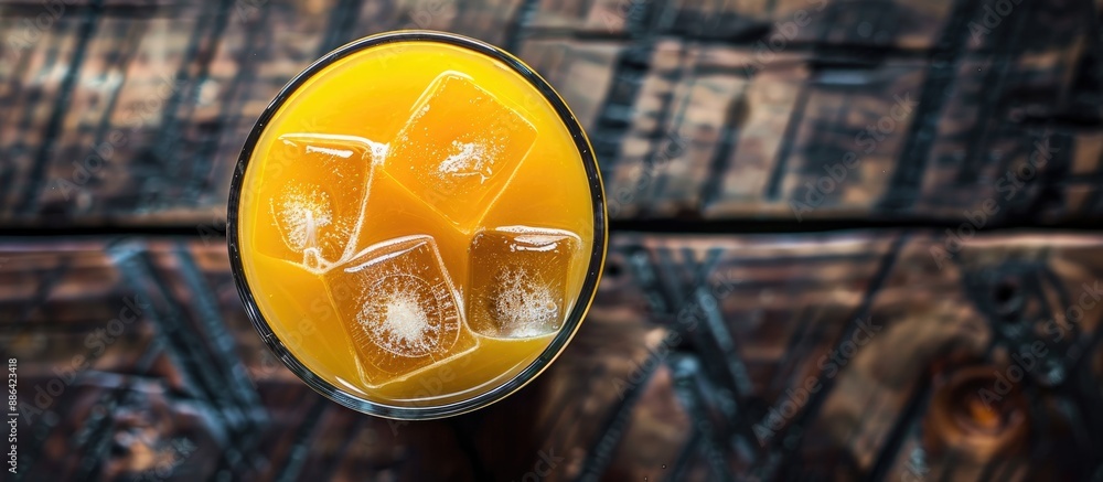Aufkleber top view of a cool glass of orange juice with ice on a dark wooden surface featuring ample space for