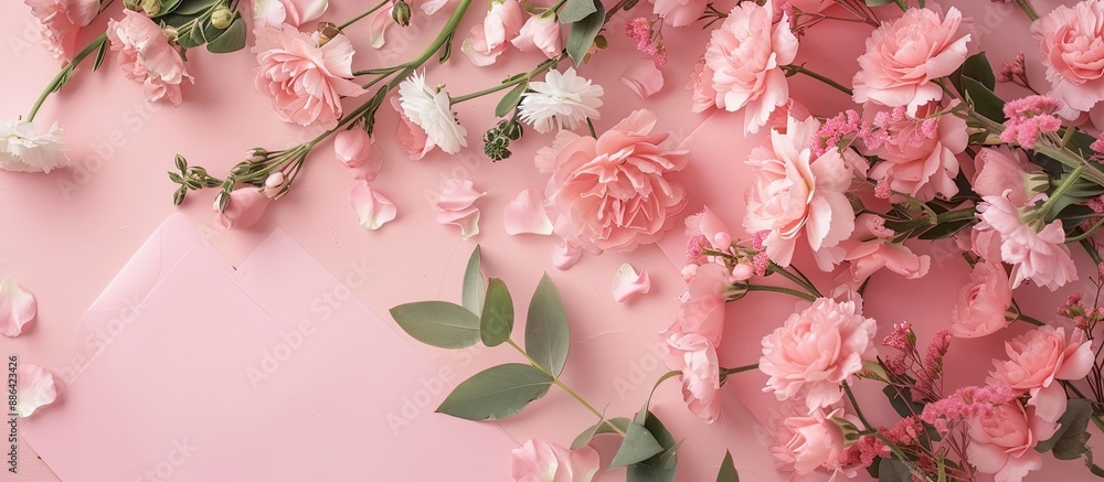 Poster A top down view of a wedding checklist featuring lovely pink blooms and stationery items with room for additional text or graphics a copy space image
