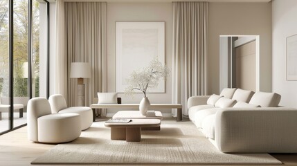 A minimalist living room in a luxury home with elegant furniture, a neutral color palette, and large windows