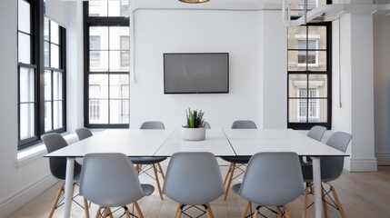 A minimalist conference room with a long, simple table, modern chairs, and minimal decor