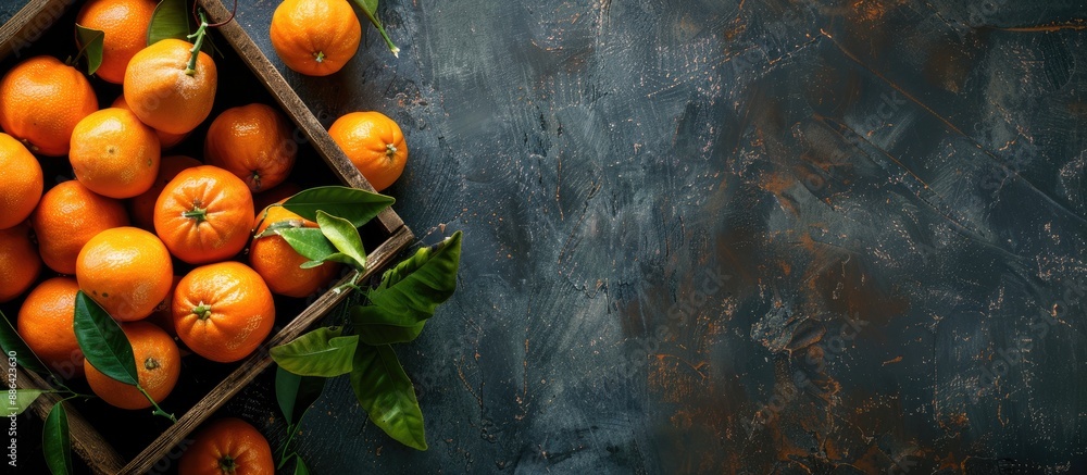 Aufkleber wooden box filled with delicious juicy tangerines displayed on a dark background with copy space ima