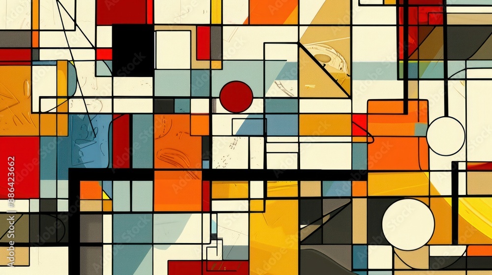 Poster abstract geometric pattern in primary colors and lines.