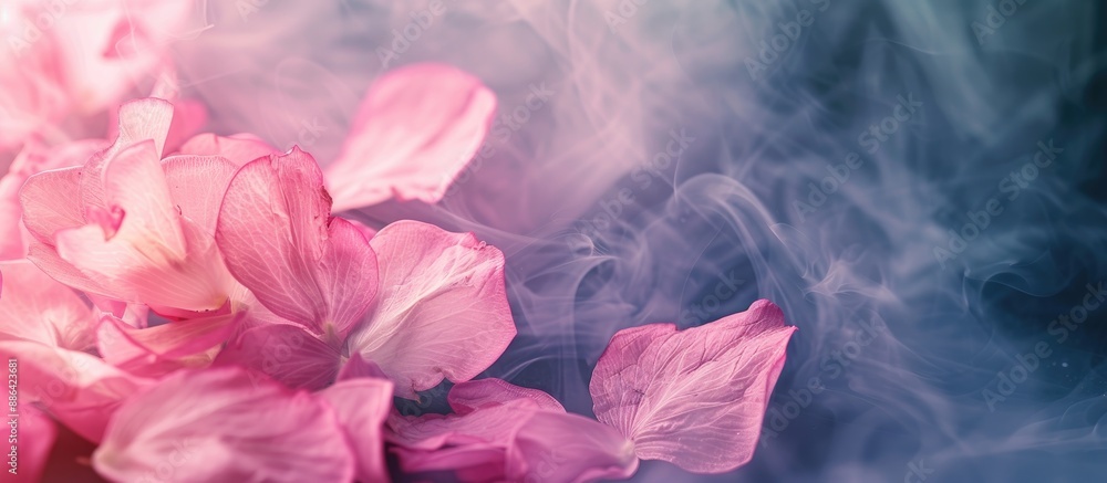 Aufkleber pink flower petals in soft focus blending with foggy smoke in a horizontal natural background with c