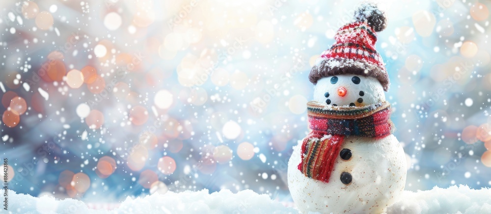 Poster Greeting card showing a jolly snowman with a unique hat and scarf on a snowy backdrop Copy space image included