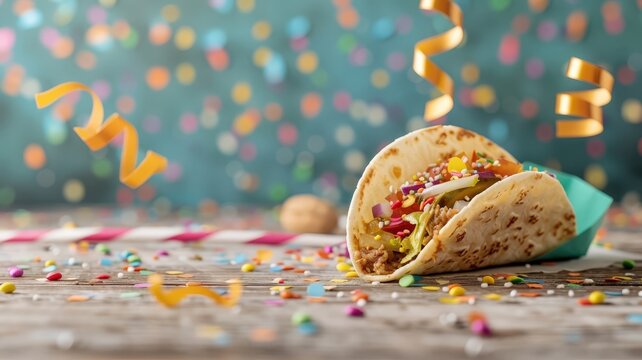 A playful taco emoji winking and smiling, surrounded by colorful confetti and streamers. - Powered by Adobe