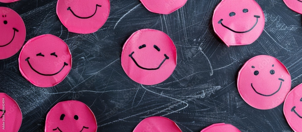 Fototapete Close up view of numerous pink stickers on a blackboard backdrop featuring a smile with a wink symbol sketched on them creating a cheerful copy space image