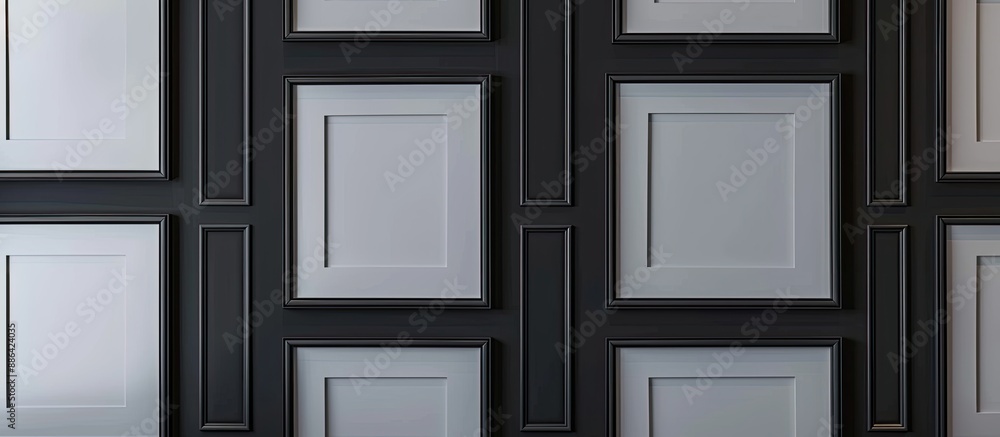 Poster Black wall adorned with empty frames serves as a mockup for design presenting a copy space image