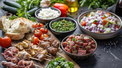 A colorful arrangement of kebab ingredients, showcasing the variety of meats, vegetables