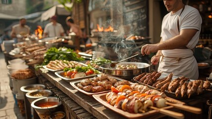 Obraz premium A vibrant food market, where vendors from different regions offer a wide variety of kebabs, each with its own unique flavors and traditions.