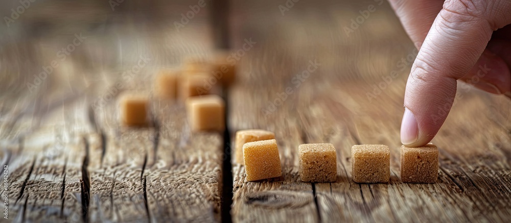 Poster A hand displays a line of tiny cubes on a wooden surface providing a copy space image