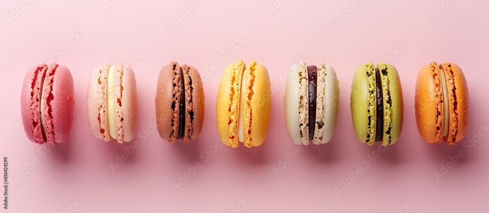 Poster colorful and delicious french macaroons neatly arranged in a row on a pink background with copy spac