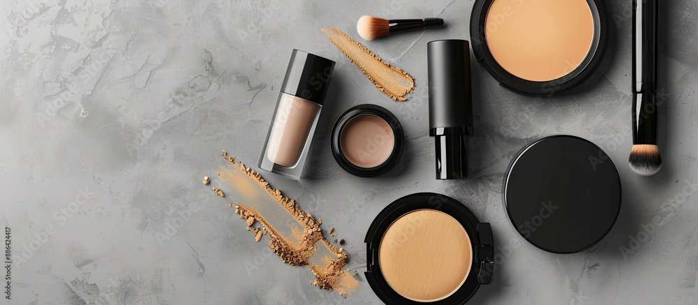 Poster Luxurious makeup products displayed elegantly on a grey background with ample copy space image in a flat lay style