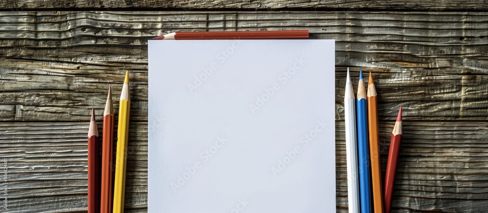 Aufkleber wooden surface with pencils and a blank paper sheet arranged neatly for a flat lay composition provi