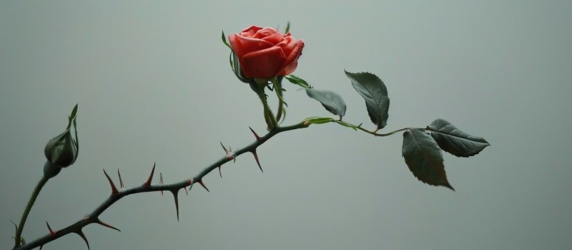 Blurred image of a rose stem with thorns and leaves against a gray background showcasing a twig and allowing for copy space in a side view perspective