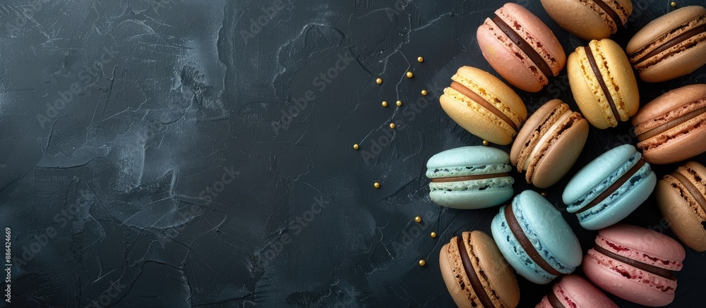 Poster top view of an array of macaron cookies against a dark backdrop with copy space image