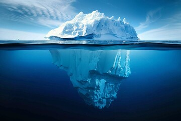 Iceberg floating on sea ocean water. Frozen block iceberg, arctic landscape. Hidden threat or danger