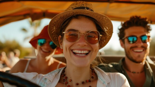 A group of friends are seen in a convertible car on a bright sunny day, all smiles and enjoying their trip, capturing the joy of road trips and friendship amidst nature.