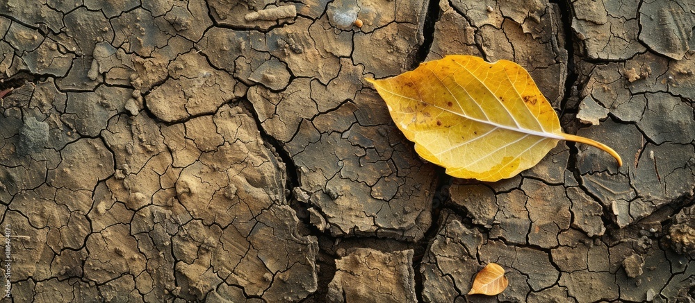 Poster Dry cracked mud with a leaf creating a rustic ambiance in a serene setting with the potential for adding text or images within the open space. with copy space image. Place for adding text or design