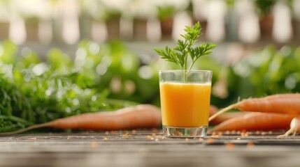 Fototapeta premium A glass of fresh, orange carrot juice is garnished with a small carrot and green leaves, creating a visually appealing and healthy beverage ready to enjoy.
