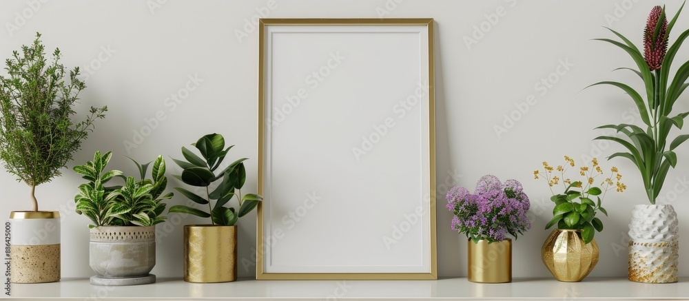 Poster Mock up of a poster frame on a shelf with houseplants and flowers in golden pots creating a visually appealing copy space image