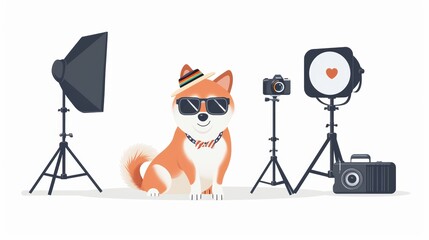 A dog wearing sunglasses and a hat sits in front of a camera. The camera is on a tripod and the dog is surrounded by lighting equipment