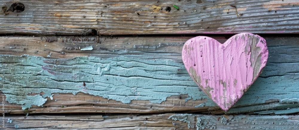 Poster heart shape in pink set against a rustic wooden background with copy space image