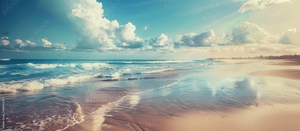 Poster scenic ocean beach captured with instagram filter showcases breathtaking views and spacious copy spa
