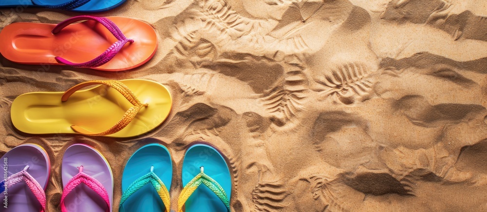 Poster vibrant flip flops spread out on sandy surface for a flat lay photo with copy space image