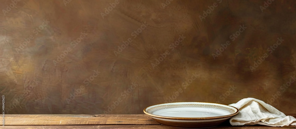 Poster wooden table with a ceramic plate and napkin against a brown background providing ample copy space f