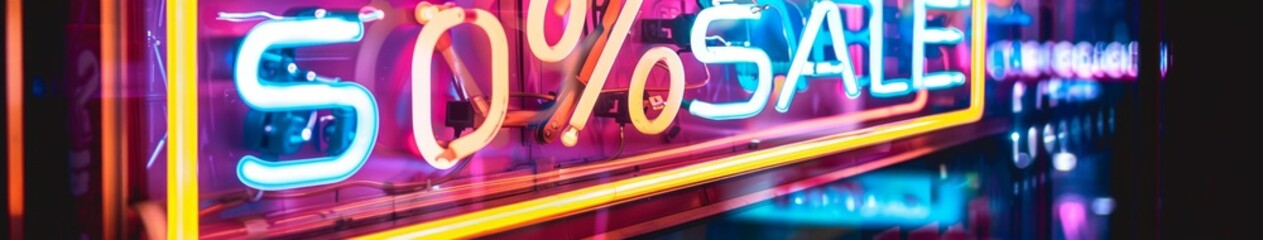 Obraz premium Abstract Innovative AI-Generated 4K Wallpaper Featuring a Vibrant Neon 50% Discount Sale Sign. Ideal for Promotional Campaigns, Retail Sales, and Marketing Strategies. Eye-Catching Design for Limited-