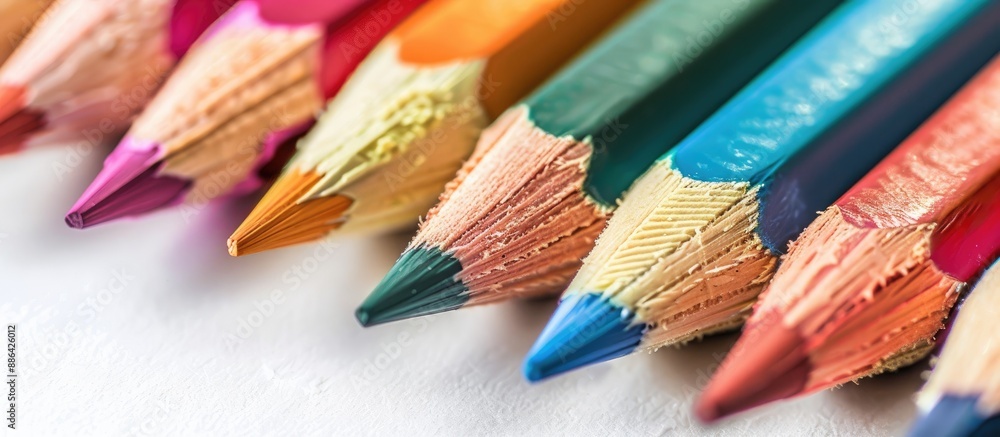 Poster colorful pencils with a variety of hues displayed on a white background in a close up copy space ima