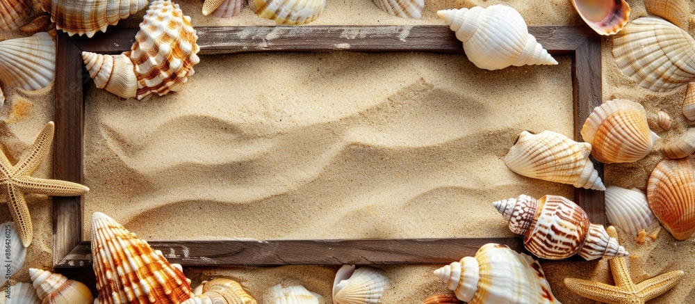 Poster Copy space image of a picture frame set against a backdrop of shells and sand