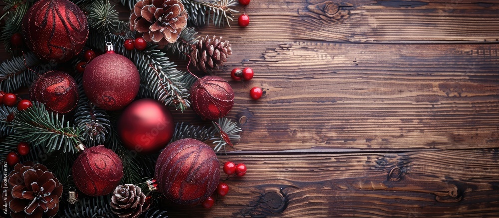 Poster christmas decorations arranged on a wooden surface with copy space for a festive image perfect for a