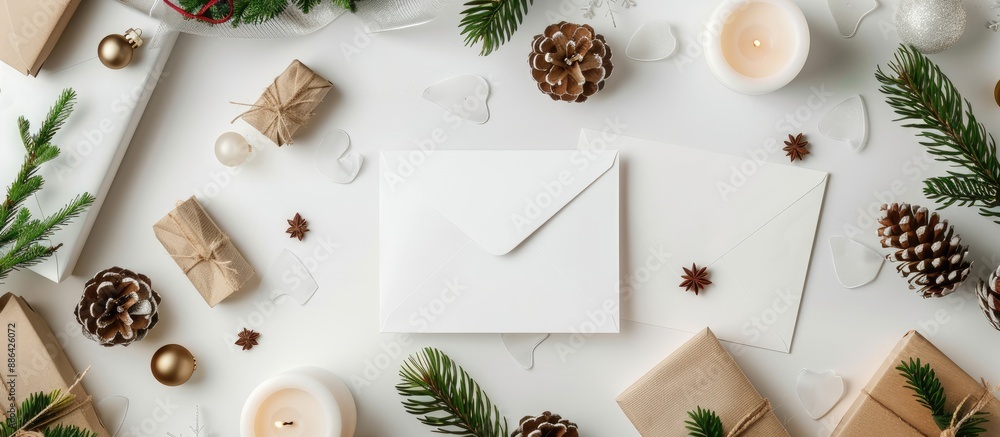 Aufkleber White background with a collection of items like envelopes a blank card a Christmas wreath candles fir branches and decorations ideal for a copy space image