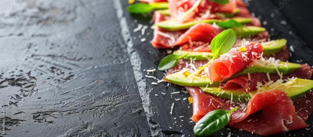 Aufkleber Healthy diet food featuring sliced beef and avocado topped with grated cheese displayed in a tempting manner with an appealing copy space image
