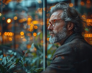 Obraz premium Aspiring Intern Contemplates Future: Transforming Reflection into Senior Professional in High-Resolution Office Scene