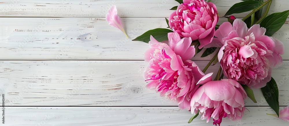 Aufkleber Pink peony flowers on a white wooden surface from above with room for text or other elements in the image. with copy space image. Place for adding text or design
