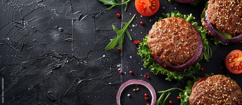 Poster top view of a homemade organic minced beef burger on a slate board with a copy space image backgroun