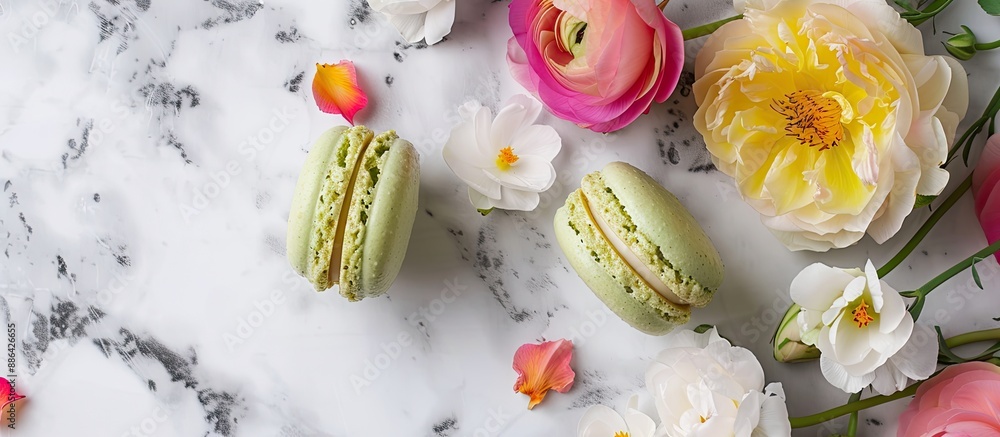Aufkleber a green macaron sits beside vibrant flowers on a white marble table allowing for a text to be added 