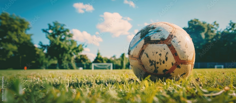 Poster View from the ground of a soccer ball on the grass with a field in the background featuring copy space image