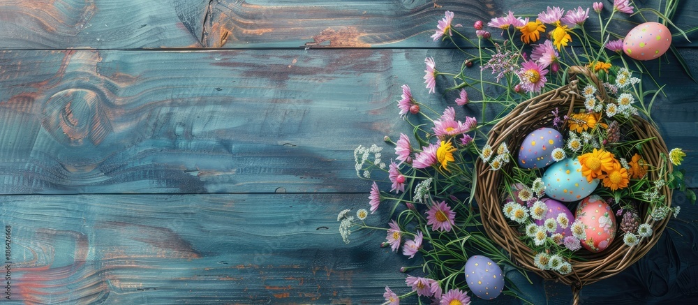 Fototapete spring flowers in a wooden background basket with easter eggs conveying a festive and colorful theme