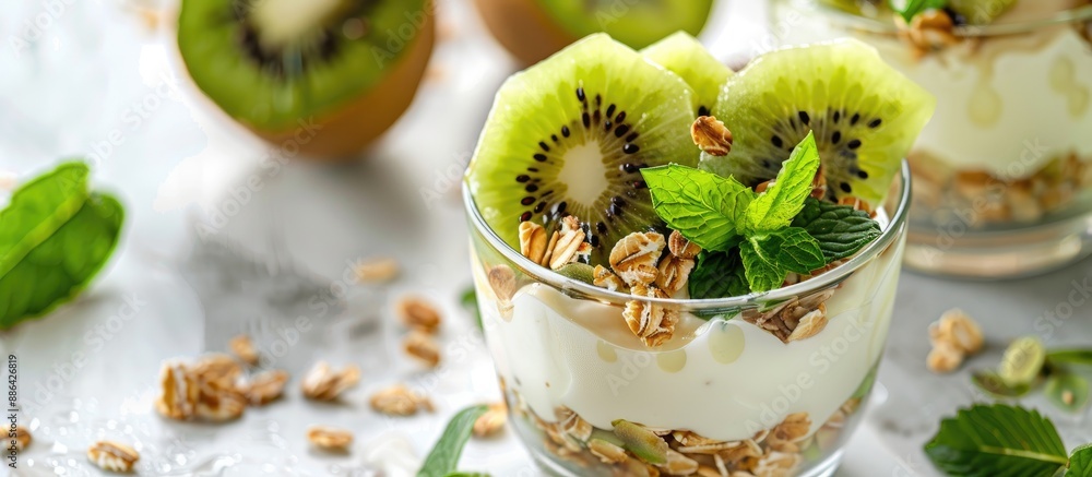 Poster Close up shot of a tasty kiwi and muesli dessert on a white table with a clear area for text in the image. with copy space image. Place for adding text or design